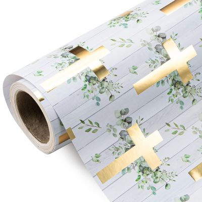 WRAPAHOLIC Cross Wrapping Paper Roll - Mini Roll - 17 Inch x 16.5 Feet - Elegant Gold Foil Cross and Eucalyptus Greenery Wrapping Paper for Easter, Baptism, Confirmation, First Communion, Spring