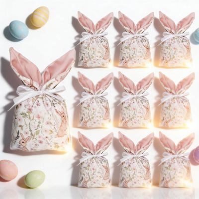 10 Pcs Easter Velvet Bunny Gift Bags with Drawstring, Easter Treat Bags Cute Rabbit Ear Candy Goodie Reusable Party Favors for Birthday Party Egg Hunt Stuffer Basket Holiday Decoration (C 10PCS)