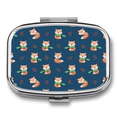 VAFZASC Purse Pocket Pill Box Cute Fox Christmas 2 Compartment, Cute Metal Pill Case with Mirror for Travel Vitamin Fish Oil