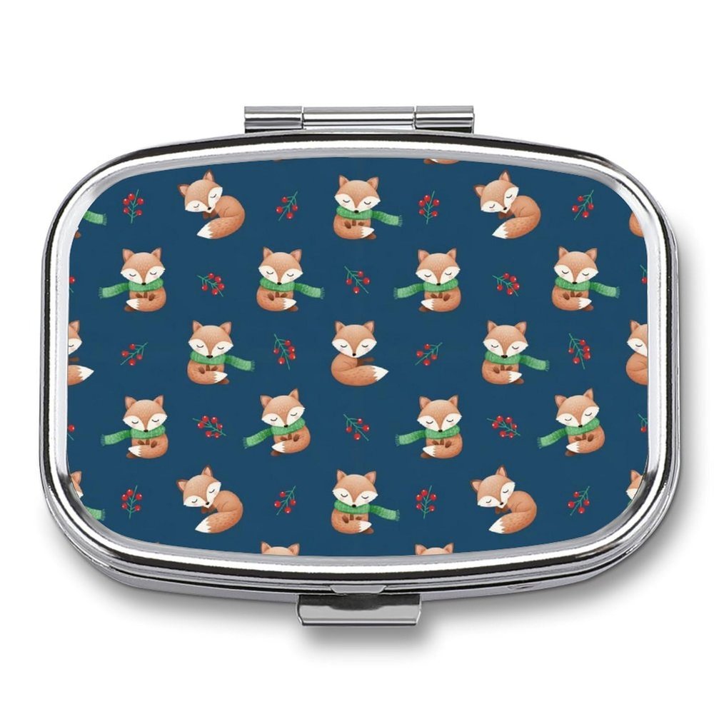 VAFZASC Purse Pocket Pill Box Cute Fox Christmas 2 Compartment, Cute Metal Pill Case with Mirror for Travel Vitamin Fish Oil