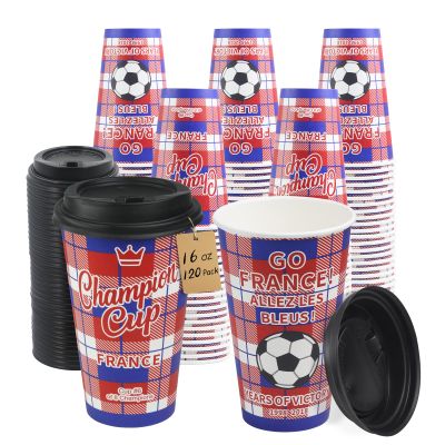 Sowinvent 16 oz Champion Cup A Salute To France, 2-Time World Soccer Champion, 120 Sets Disposable Paper Party Cups with Lids, Restaurant Catering Concession & Fan Event Decorations, ALLEZ LES BLEUS