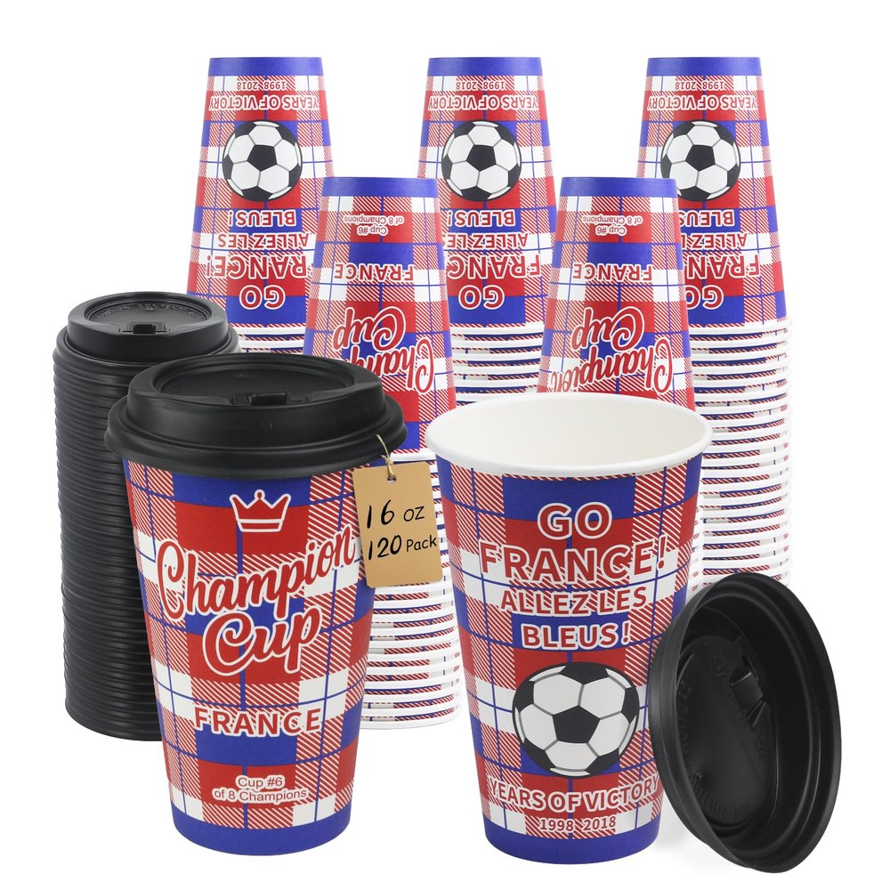 Sowinvent 16 oz Champion Cup A Salute To France, 2-Time World Soccer Champion, 120 Sets Disposable Paper Party Cups with Lids, Restaurant Catering Concession & Fan Event Decorations, ALLEZ LES BLEUS