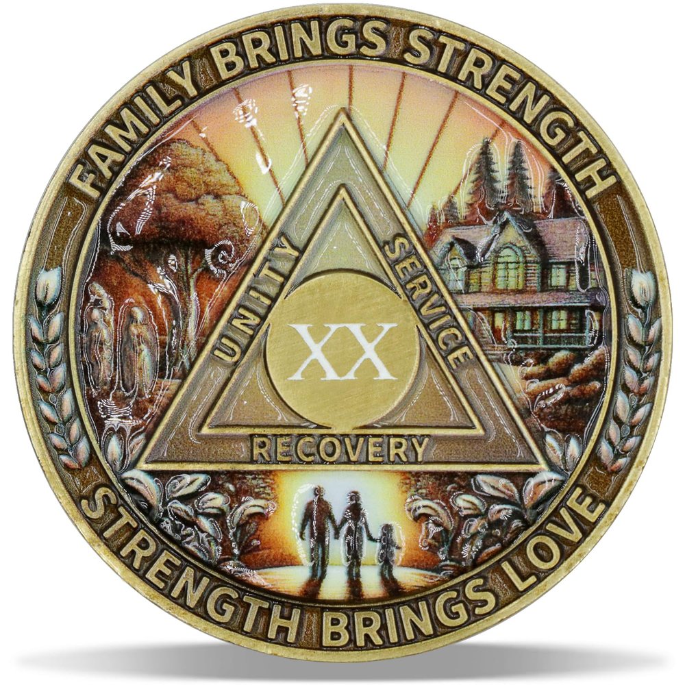 20 Year Family Strong Sobriety Coin Journey into Serenity NA Medallion Spiritual Token for Recovery & Clean Time Empowering NA AA Chips Gift for Men & Women