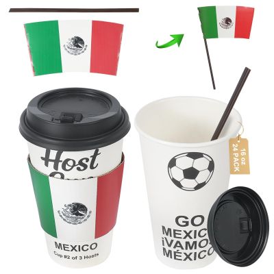 16 oz White Disposable Soccer Party Paper Cups Mexico (World Host #2) 24 Sets, To-Go Cups with Straws Lids Sleeves for Cold Drink/Hot Beverage, Compostable Water-Based Coating, Soccer Theme Supplies