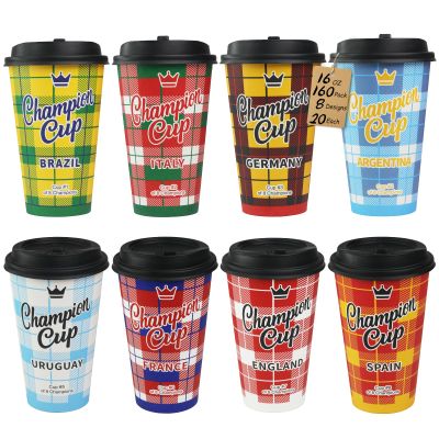 Sowinvent 16 oz Champion Cup A Salute To World Soccer Champions Brazil Italy Germany Argentina Uruguay France England Spain, 160 Sets Disposable Paper Party Cups with Lids for Fan Event Decorations
