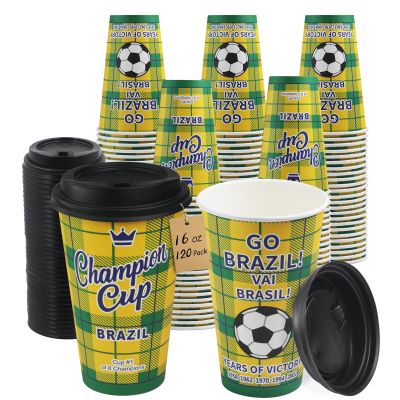 Sowinvent 16 oz Champion Cup A Salute To Brazil, 5-Time World Soccer Champion, 120 Sets Disposable Paper Party Cups with Lids, Restaurant Catering Concession & Fan Event Decorations, VAI BRASIL 2026