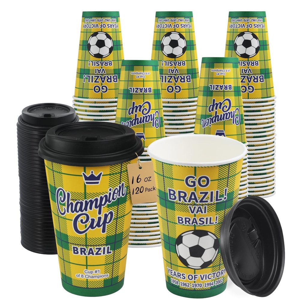 Sowinvent 16 oz Champion Cup A Salute To Brazil, 5-Time World Soccer Champion, 120 Sets Disposable Paper Party Cups with Lids, Restaurant Catering Concession & Fan Event Decorations, VAI BRASIL 2026