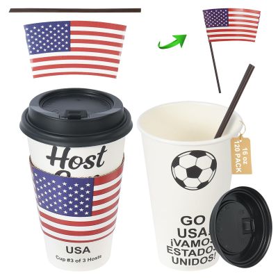 Sowinvent 16 oz CheerSleeve Host Cup, Celebrating World Soccer Tournament Host USA, 120 Sets Disposable Paper Party Cups with Lids Straws Sleeves, Flag Themed Fan Event Decorations, COME ON USA