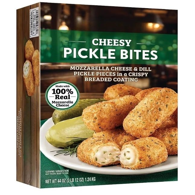 Cheesy Pickle Bites, Mozzarella Cheese, Crispy Breading , Brings the crunch! Farm Rich Cheesy Pickle Bites combine mozzarella cheese with tangy diced dill pickles, all wrapped in a crispy Romano breading that delivers big flavor in every bite. Perfec