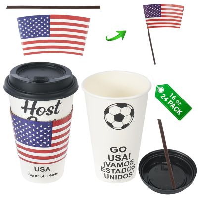 16 oz White Disposable Soccer Party Paper Cups USA (World Host #3) 24 Sets, To-Go Cups with Straws Lids Sleeves for Cold Drink/Hot Beverage, Compostable Water-Based Coating, Soccer Theme Supplies