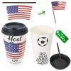 16 oz White Disposable Soccer Party Paper Cups USA (World Host #3) 24 Sets, To-Go Cups with Straws Lids Sleeves for Cold Drink/Hot Beverage, Compostable Water-Based Coating, Soccer Theme Supplies view 1