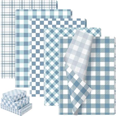 100 Sheets Dusty Blue Buffalo Plaids Tissue Paper, 5 Styles Slate Blue Lattice Patterns Wrapping Paper for Spring DIY Crafts Birthday Baby Shower Party Supplies, 13.8 x 19.7 Inch
