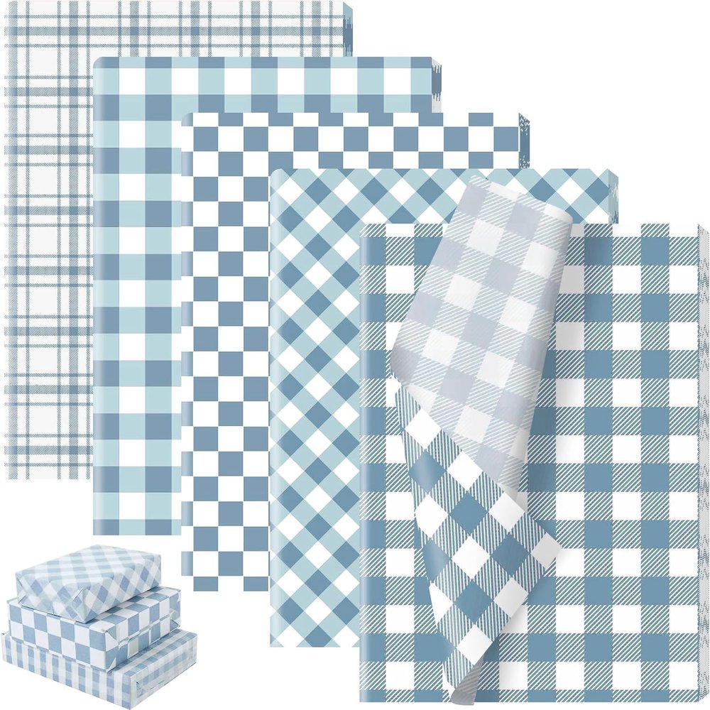 100 Sheets Dusty Blue Buffalo Plaids Tissue Paper, 5 Styles Slate Blue Lattice Patterns Wrapping Paper for Spring DIY Crafts Birthday Baby Shower Party Supplies, 13.8 x 19.7 Inch