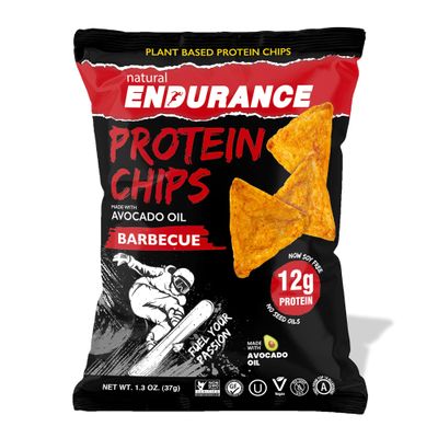 Natural Endurance Protein Chips - Healthy Low Carb Chips, 12g of Protein per Bag, Non GMO, Made with Avocado Oil, Vegan, Nut Free, On the Go Snack - BBQ Flavor, 1.38 oz Bags (Pack of 8)