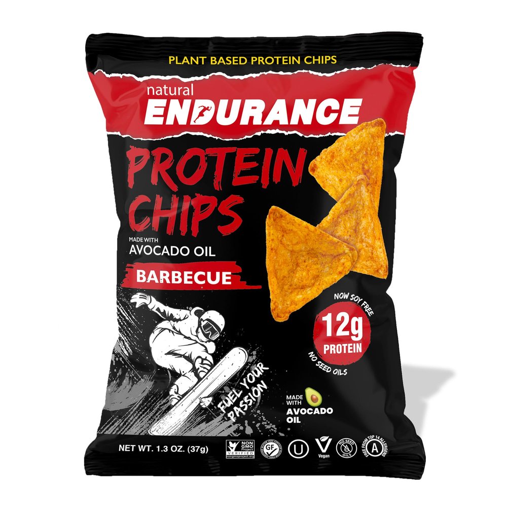 Natural Endurance Protein Chips - Healthy Low Carb Chips, 12g of Protein per Bag, Non GMO, Made with Avocado Oil, Vegan, Nut Free, On the Go Snack - BBQ Flavor, 1.38 oz Bags (Pack of 8)