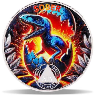 14 Year Dinosaur Hatch Sobriety Coin Breaking Through NA Medallion Fun & Powerful Token for Recovery & Clean Time Empowering NA AA Chips Gift for Men & Women
