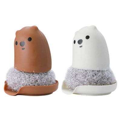 FRCOLOR 2pcs Kitchen Cleaning Brush Set Cartoon Bear Design, Pot and Bowl Scrubber Brushes for Dishwashing, Kitchen Dirt Removal, Household Cleaning Tools for Sink and Pan Use