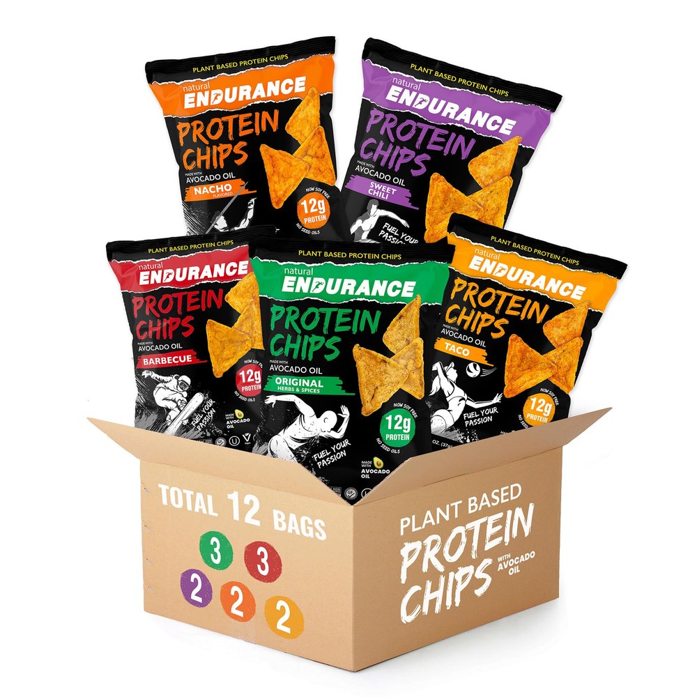 Natural Endurance Protein Chips - Healthy Low Carb Chips, 12g of Protein per Bag, Non GMO, Made with Avocado Oil, Vegan, Nut Free, On the Go Snack - Variety Pack, 1.38 oz Bags (Pack of 12)