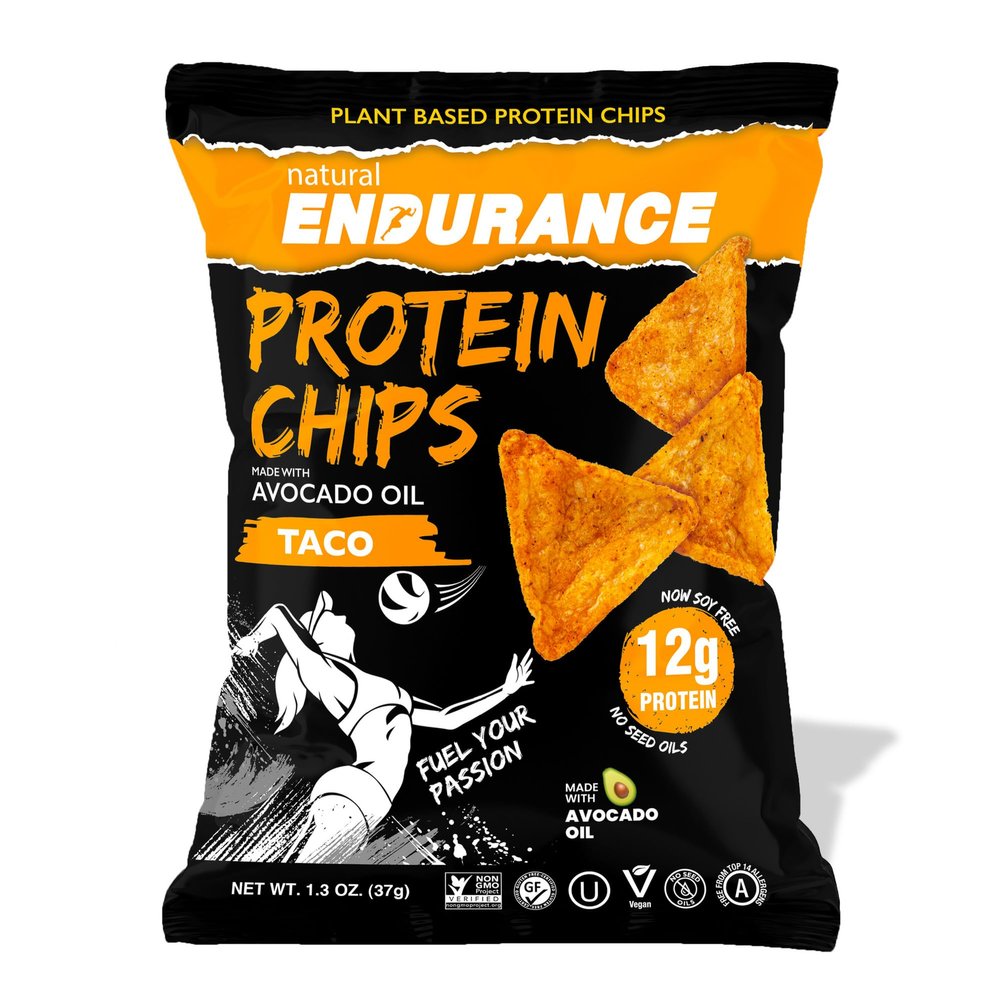 Natural Endurance Protein Chips - Healthy Low Carb Chips, 12g of Protein per Bag, Non GMO, Made with Avocado Oil, Vegan, Nut Free, On the Go Snack - Taco Flavor, 1.38 oz Bags (Pack of 8)
