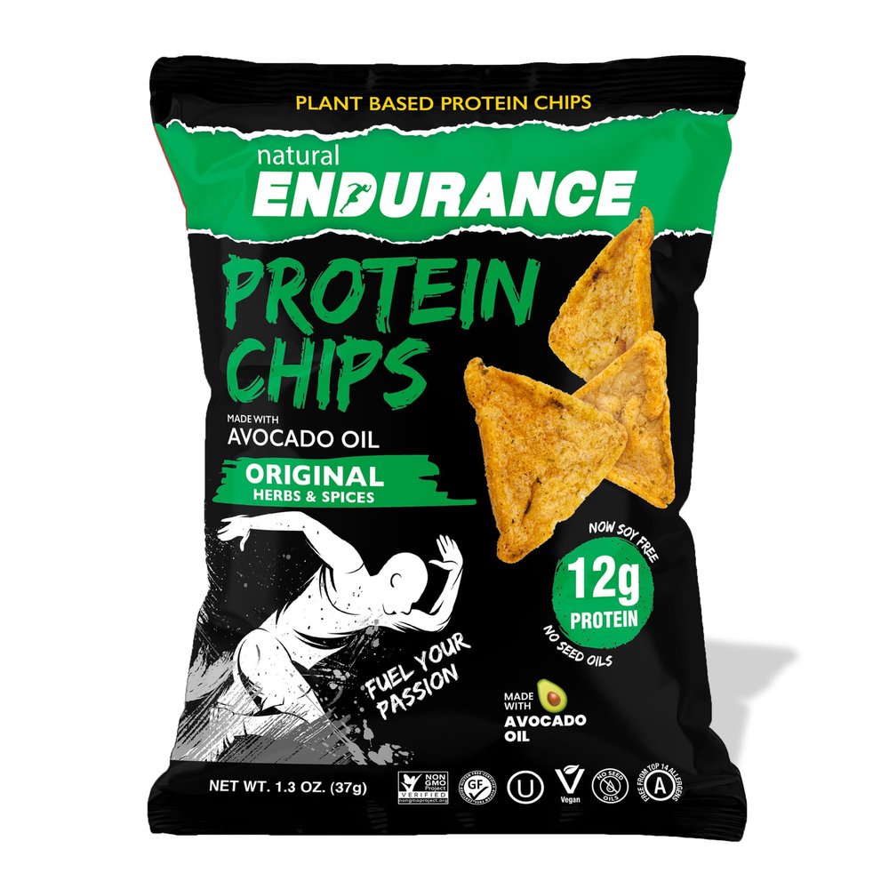 Natural Endurance Protein Chips - Healthy Low Carb Chips, 12g of Protein per Bag, Non GMO, Made with Avocado Oil, Vegan, Nut Free, On the Go Snack - Herbs & Spices Flavor, 1.38 oz Bags (Pack of 8)