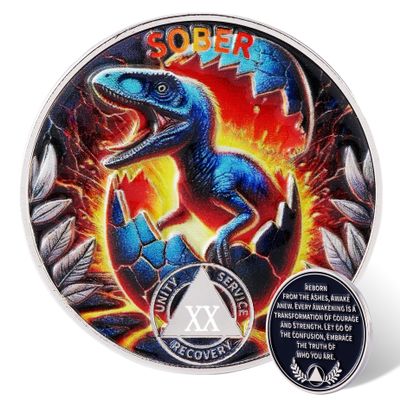 Leafence Sober Coin for Reborn Raptor Sobriety Chip Dinosaur Recovery Medallion with Inspirational Quote AA/NA Token AA NA Chips Gift for Men & Women (Reborn Dinosaur, 20 Years)