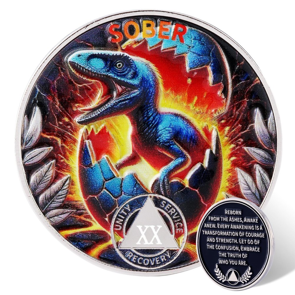 Leafence Sober Coin for Reborn Raptor Sobriety Chip Dinosaur Recovery Medallion with Inspirational Quote AA/NA Token AA NA Chips Gift for Men & Women (Reborn Dinosaur, 20 Years)