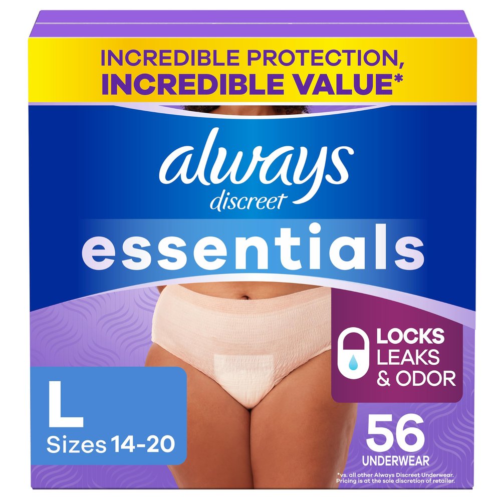 Always Discreet Essentials Adult Diapers for Women, Postpartum Essentials, Disposable Briefs, Unscented Incontinence Underwear Bladder Leak Protection, Size L, 56 Count