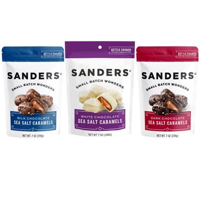 Sanders Sea Salt Caramel Bites Variety Pack 3 Pack (7oz Each) White Chocolate, Milk Chocolate & Dark Chocolate Gourmet Caramels