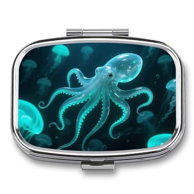 Glass Octopus Pill Organizer with Mirror 2 Compartments Waterproof Pill Case for Purse Pocket Non-Slip Grip Travel Medicine Organizer Container Box for Vitamin Fish Oil Supplement