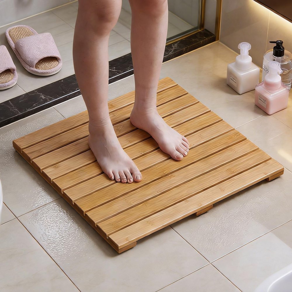 Teak Solid Wood Shower Floor Mat, Resistant Heavy Duty Wooden Bath Mat Smooth Edges, Elevated Shower Mat for Inside Shower Tiled Floor 27x30in