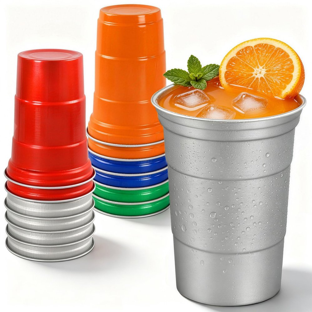 12pcs Aluminum Drinking Cups Set 16oz, 5 Colors Reusable Metal Cup Bulk Reusable Aluminum Party Cups, Disposable Cold Drink Cup for Summer Hawaii Mexican Festival Barbecue Camping Pool Party Supplies