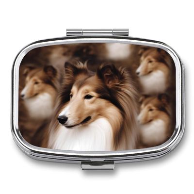 Shelties Dog Pill Organizer with Mirror 2 Compartments Waterproof Pill Case for Purse Pocket Non-Slip Grip Travel Medicine Organizer Container Box for Vitamin Fish Oil Supplement