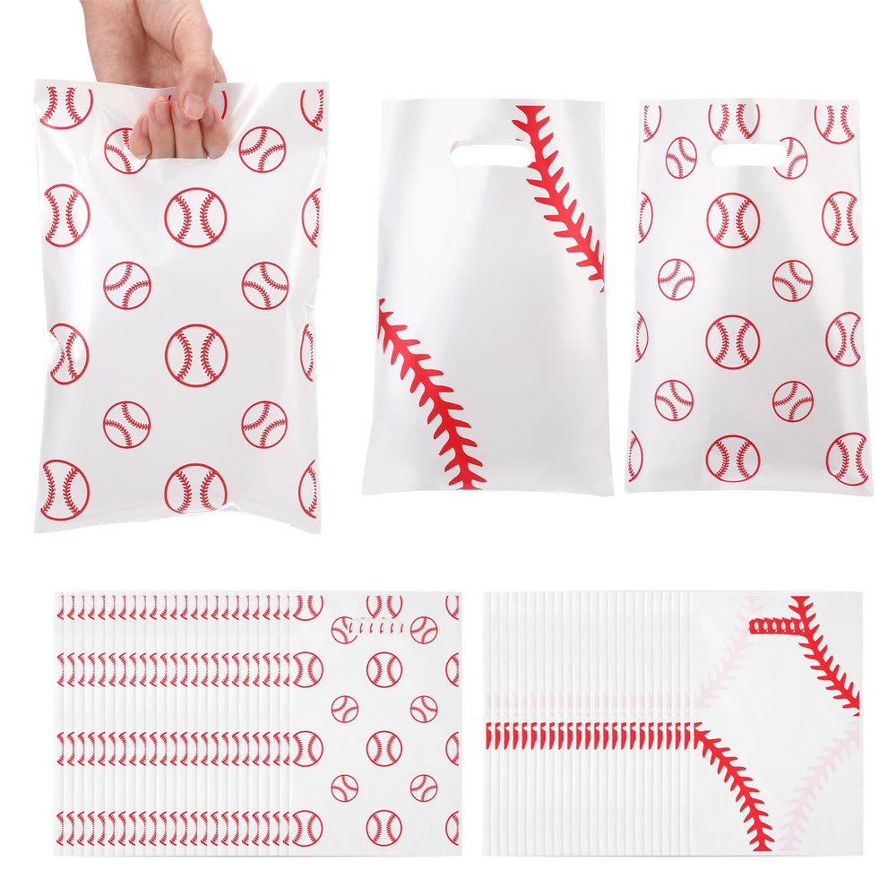 SilTriangle 60 Pcs Baseball & Softball Snack Bags with Handle 10 x 6.5 Inch Small Gifts Bags Sport Party Favors Bag for Birthday Party Decoration Supplies(Baseball Style)