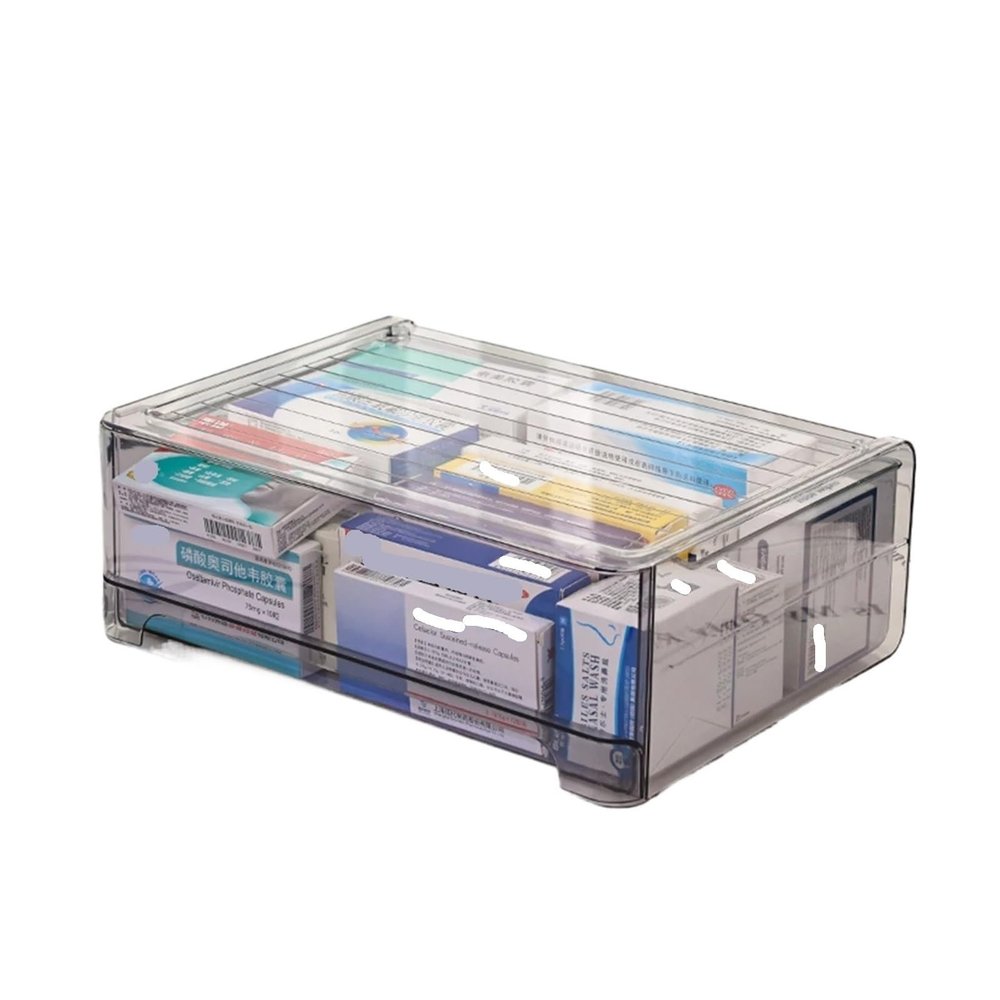 1pc Gray Drawer Acrylic Medicine Storage Box, Large Capacity Stackable Sorting, Pull-Out