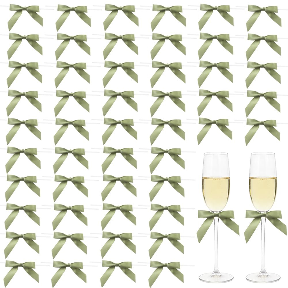 Sewdudely 50 Pack Twist Tie Bows 2.75 Inch, Elegant Sage Green Ribbon Bows for Gift Wrapping, DIY Crafts, Party Decorations, Baby Shower, Birthday, Wedding Decor