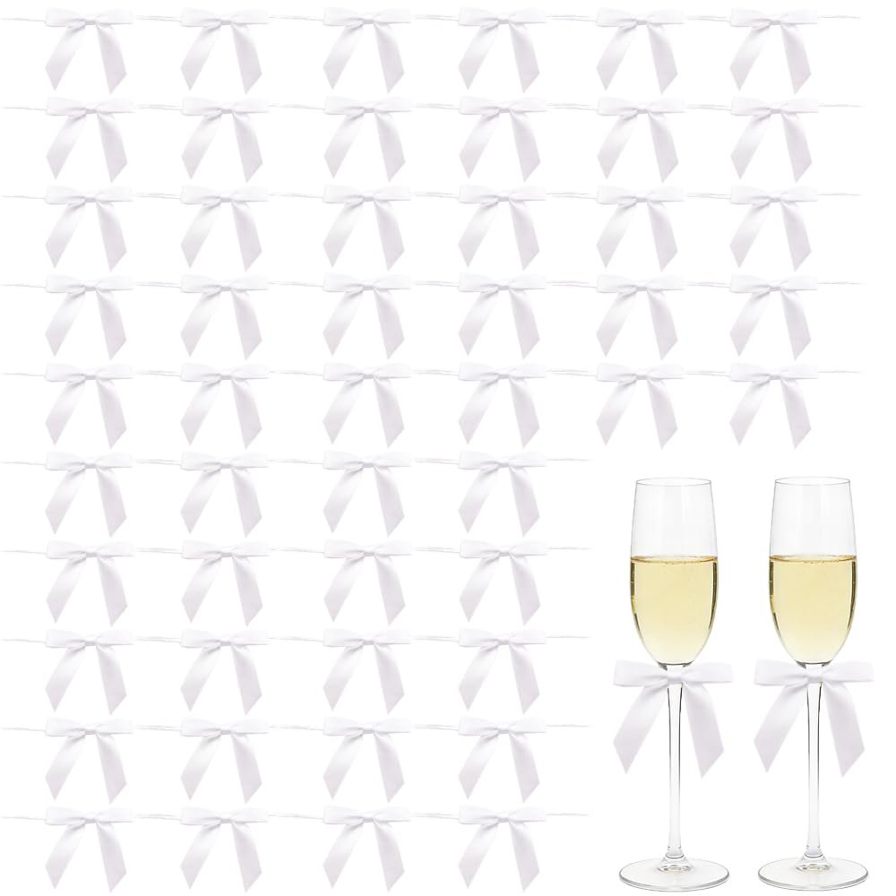 Sewdudely 50 Pack Twist Tie Bows 2.75 Inch, Elegant White Ribbon Bows for Gift Wrapping, DIY Crafts, Party Decorations, Baby Shower, Birthday, Wedding Decor