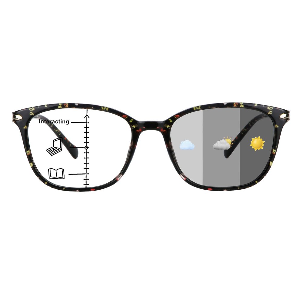 1Pair VisionGlobal Portable Progressive Multifocal Glasses, Photochromic Gray Sunglasses for Unisex Floral,+1.00/+4.00Magnification
