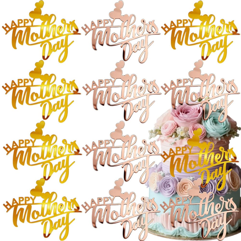 10 Pcs Happy Mother's Day Cake Toppers Acrylic Double Heart Cupcake Picks, Mothers Day Best Mom Cake Side Decoration for Mom's Birthday Baking Party Dessert Biscuits Decor (Gold,rose gold)