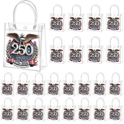 Tioncy 24 Pcs 250 Anniversary USA Party Supplies America Clear Gift Bags with Handle Plastic Goodie Treat Candy Tote Bags 4th of July Themed Wrapping Supplies for Travel Shopping, 8 x 8 x 3.15''