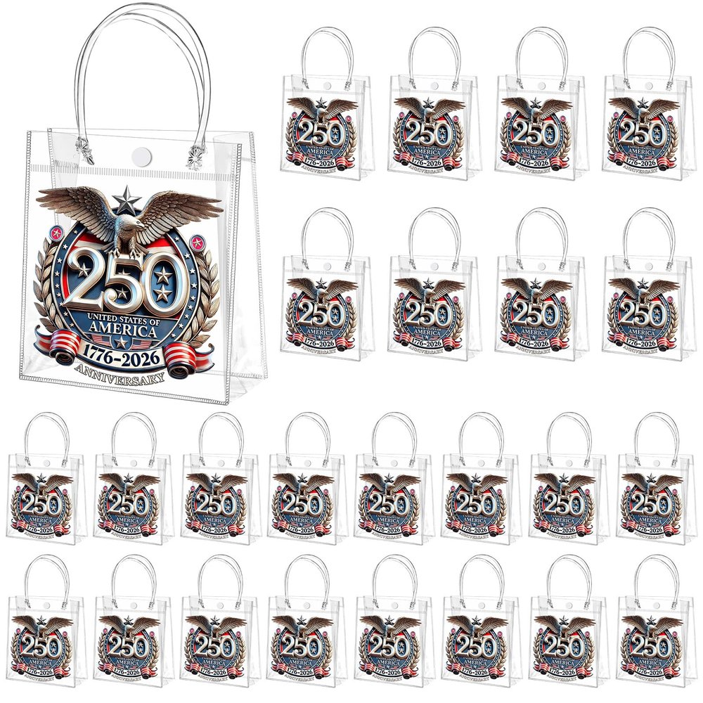 Tioncy 24 Pcs 250 Anniversary USA Party Supplies America Clear Gift Bags with Handle Plastic Goodie Treat Candy Tote Bags 4th of July Themed Wrapping Supplies for Travel Shopping, 8 x 8 x 3.15''
