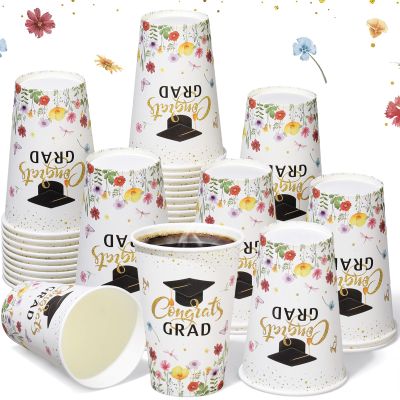 Tioncy 50 Pcs 2026 Graduation Party Disposable Paper Cups Bulk, 12 oz Congrats Grad Paper Coffee Cups Floral & Cap Design Drink Cup for Graduation Party Supplies Decoration Hot and Cold Drinks Water
