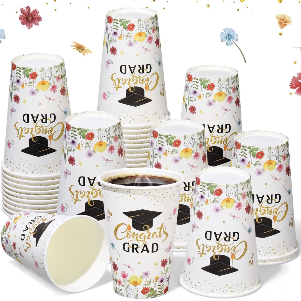 Tioncy 50 Pcs 2026 Graduation Party Disposable Paper Cups Bulk, 12 oz Congrats Grad Paper Coffee Cups Floral & Cap Design Drink Cup for Graduation Party Supplies Decoration Hot and Cold Drinks Water