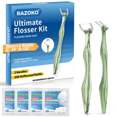 RAZOKO Flosser Kit, Shred-Resistant, Insert & Rotate 90 to 135 for Hard-to-Reach Areas, PTFE & PFAS Free, 2 Handles + 240 Refill Heads, Green