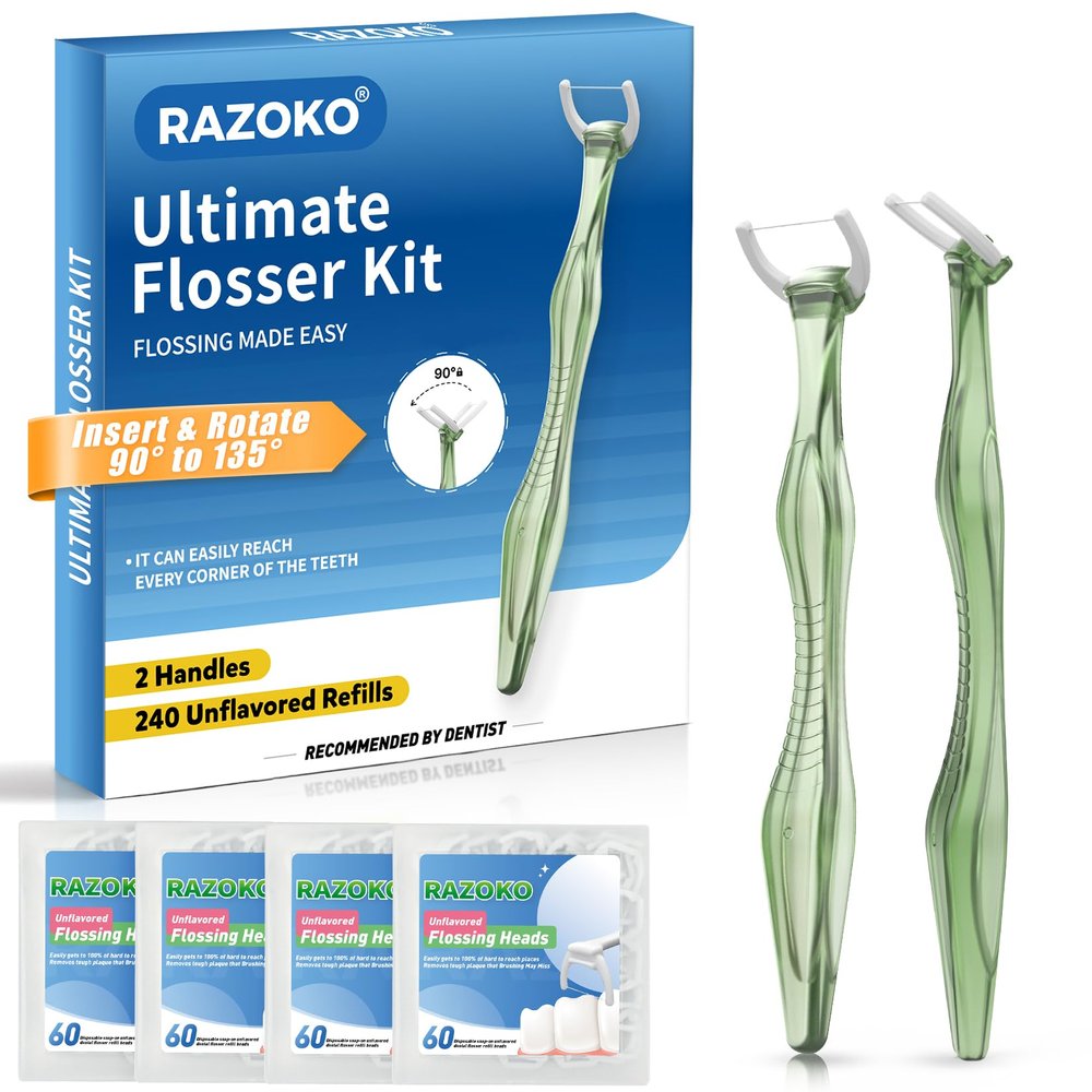 RAZOKO Flosser Kit, Shred-Resistant, Insert & Rotate 90 to 135 for Hard-to-Reach Areas, PTFE & PFAS Free, 2 Handles + 240 Refill Heads, Green
