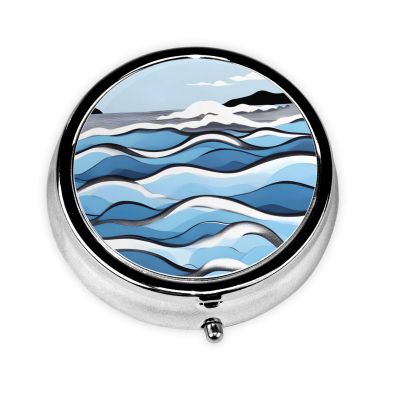 Waves Lapping at The Rocks Round Pill Box.3Compartment Organizer, Metal PushButton Case2 Inch Compact Travel Size