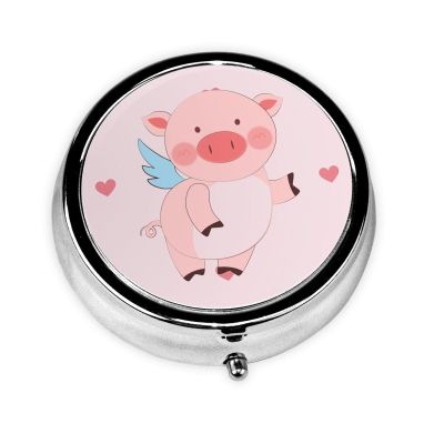 Cartoon Flying Pig Round Pill Box.3Compartment Organizer, Metal PushButton Case2 Inch Compact Travel Size