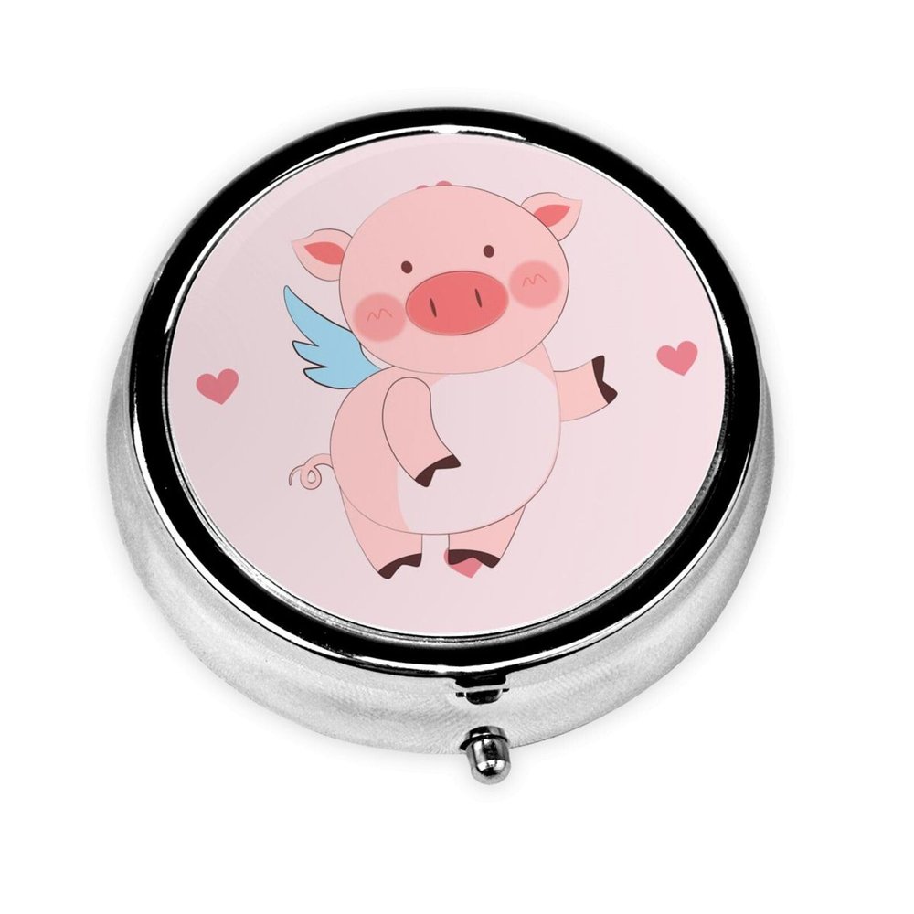 Cartoon Flying Pig Round Pill Box.3Compartment Organizer, Metal PushButton Case2 Inch Compact Travel Size