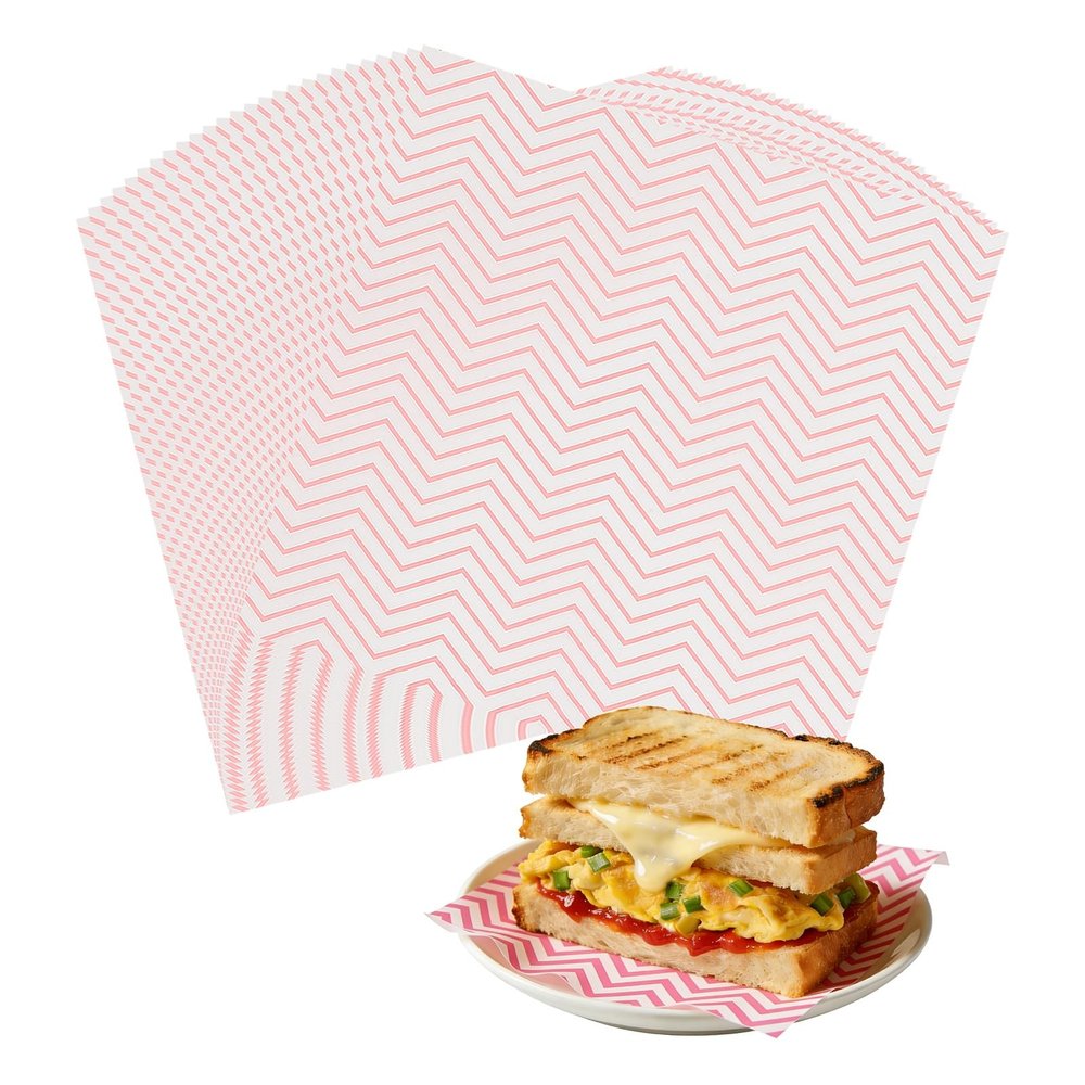 uxcell 100 Pack Wax Paper Sheets for Food, 7.1" x 7.1" Greaseproof Wrapping Paper Sheets, Wavy Stripes Food Basket Liners for Sandwich Hamburger Bread, Pink