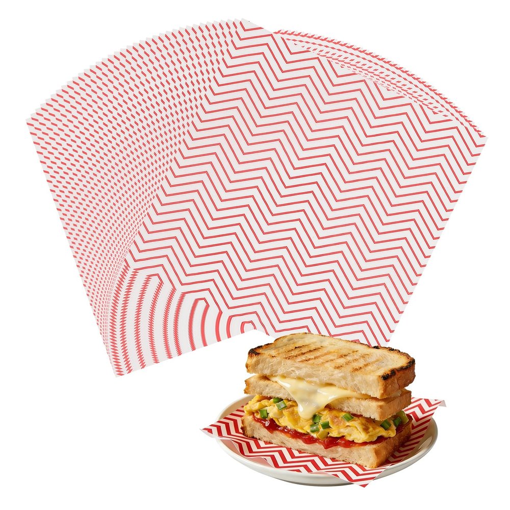 uxcell 200 Pack Wax Paper Sheets for Food, 7.1" x 7.1" Greaseproof Wrapping Paper Sheets, Wavy Stripes Food Basket Liners for Sandwich Hamburger Bread, Red
