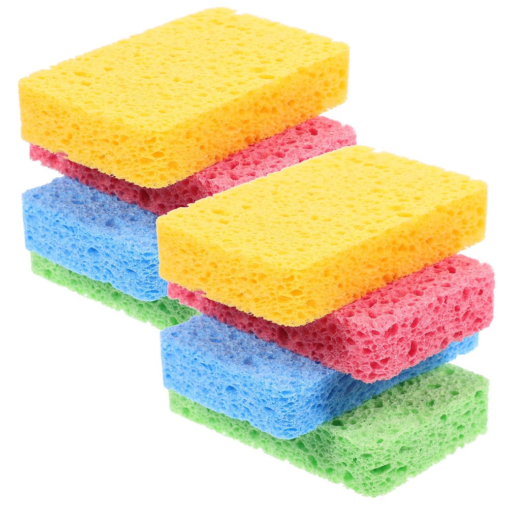 Yardwe 8pcs Natural Compressed Wood Fiber Cooking Dish Sponge Scrubber Set, Reusable Multi-Color Dish Cleaning Pads 11x7x2.2cm for Pots, Plates, and Household Cleaning